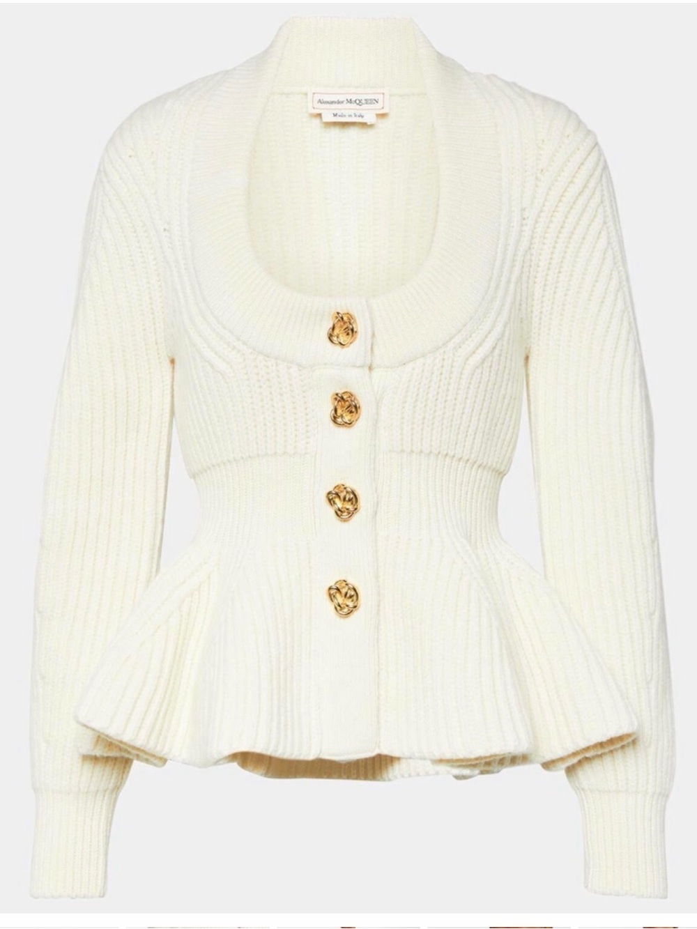 Alexander McQueen Cream Ribbed Peplum Cashmere Cardigan with Gold Buttons - Picture 1 of 7